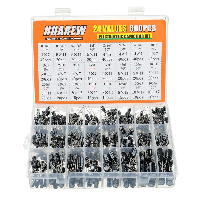 HUAREW 24 Values 600 Pcs 0.1 uF to1000 uF MFD 10 16 25 50 V Volt Aluminum Electrolytic Capacitor Assortment Kit - Image 1